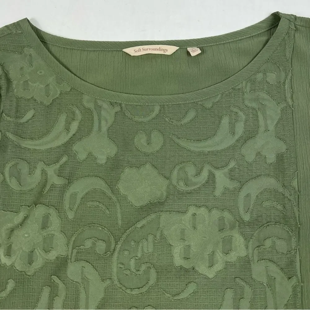 Soft Surroundings Tunic Sage Green Crepe Floral Overlay 3/4 Sleeve Women Medium